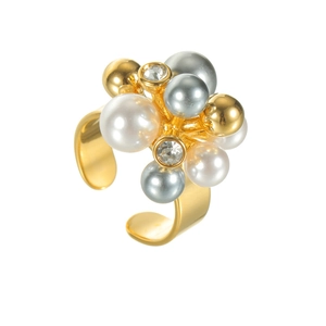 Bague ouverte dorée élégante avec grappe de perles blanches et grises et oxydes de zirconium