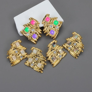 Geometric Stud Earrings Stainless Steel 18K Gold Plated Irregular Enamel Mother Of Artificial Pearl Rhinestone Vintage For Women