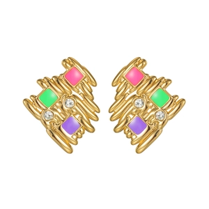 Irregular geometric 18k gold earrings with colorful enamel and crystal accents