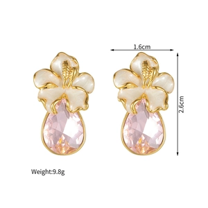Detail showing 1.6cm x 2.6cm dimensions of flower and pink waterdrop zircon earring
