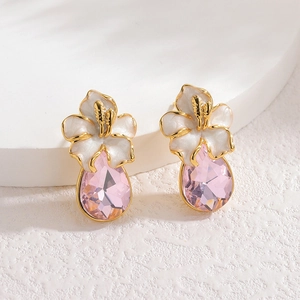 18K gold floral tassel earrings with pink teardrop zirconia and white enamel flower