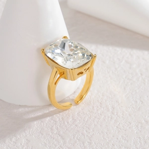 18K gold plated stainless steel open ring with a large rectangular zircon and heart detail