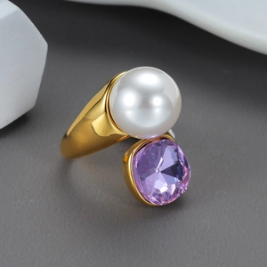 Bague Ouverte En Acier Inoxydable Plaqué Or Zircon Violet Grande Künstliche Perle Blanche Géométrique Bijoux De Mode Élégants Femmes