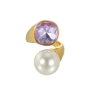 Bague dorée ajustable avec zircon violet carré et une grande perle ronde de style élégant