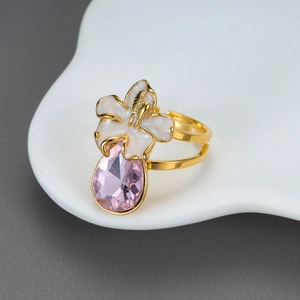 Blumen Offener Ring Edelstahl 18K Vergoldet Rosa Birnenförmiger Kristall Elegant Floral Verstellbarer Schmuck Für Frauen