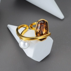 Geometric Adjustable Ring Stainless Steel 18K Gold Plated Faux Artificial Pearl Brown Zircon Modern Elegant Jewelry For Women