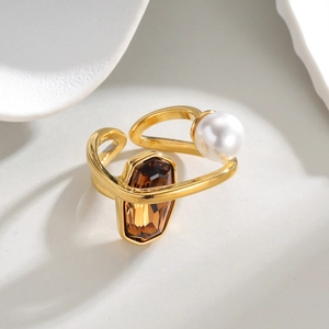 18k gold plated stainless steel geometric ring with amber zircon and pearl accent