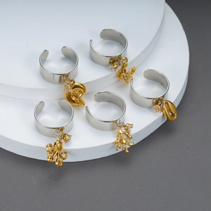 Ocean Theme Open Adjustable Ring Stainless Steel Gold Plated Cubic Zirconia Shell Crab Octopus Jewelry For Women