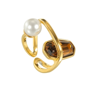 18K gold-plated stainless steel open ring with round white pearl and brown zircon