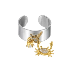Silver 18k stainless steel open ocean ring with gold crab pendant and clear zircon