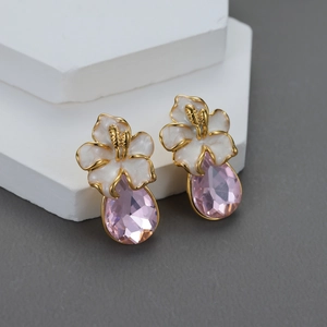 Flower Stud Earrings Stainless Steel 18K Gold Plated Pink Pear Zircon White Enamel Elegant Jewelry For Women