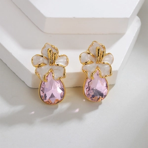 18K gold plated flower earrings with pink teardrop zircon on minimalist stone pedestal