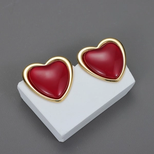 Red Heart Stud Earrings Gold Plated Stainless Steel French Vintage Exaggerated Fashion Accessories For Women
