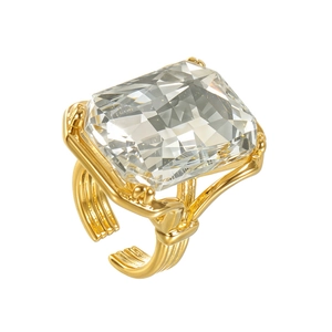 Minimalist square zircon open ring with a gold-plated multi-row ribbed band design