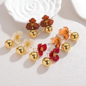 Vintage 18k gold floral earrings set in burgundy, amber, and red with metallic spheres