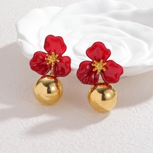 French vintage style red enamel flower earrings with gold ball studs for women
