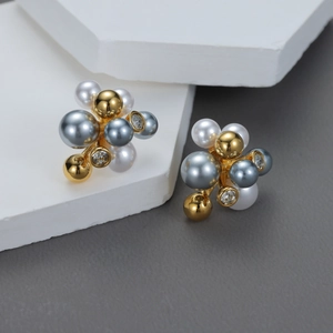 Cluster Artificial Pearl Stud Earrings For Women Stainless Steel With 18K Gold Plated Zircon Niche High-End Elegant Fashion Jewelry