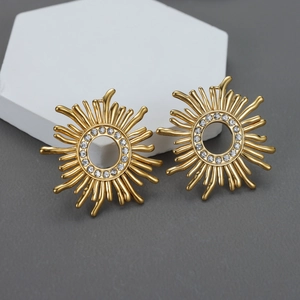 Sunburst Stud Earrings Gold Plated Stainless Steel Hollow Sun Flower Cubic Zirconia Dainty Jewelry For Women