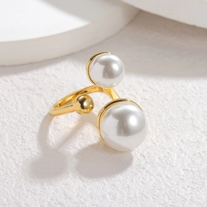 Minimalist 18k gold plated stainless steel open ring with glossy faux pearls