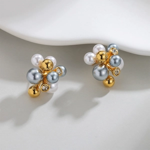 French vintage cluster stud earrings with gold metal balls and grey pearls