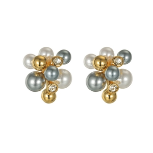 French vintage cluster stud earrings with pearls and gold spheres on a white background