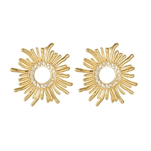 18k gold plated sunburst stud earrings with sparkling cubic zirconia on white background