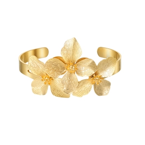 18k gold plated stainless steel open bangle featuring intricate floral design with matte petals