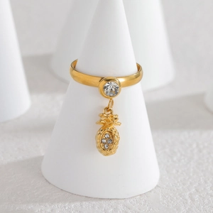 18k gold plated stainless steel ring with clear stone and sparkling pineapple pendant