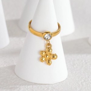 18k gold plated stainless steel open ring with flower pendant and clear zircon stone