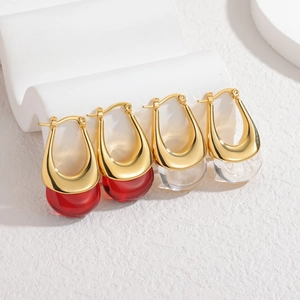 Boucles d'oreilles en or 18K en forme de U avec gouttes de résine transparentes et rouges