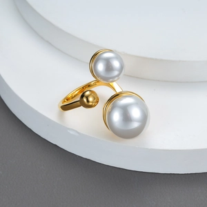 Stainless Steel 18K Gold Plated Double Artificial Pearl Open Ring For Women Minimalist Adjustable French Style Retro Jewelry
