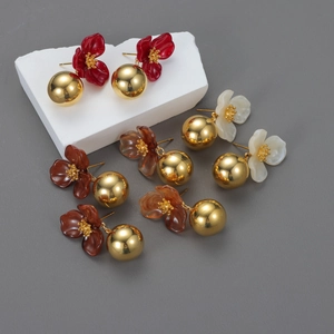 Flower Dangle Earrings Stainless Steel Earring Post Resin Petals Gold Plated Round Ball Vintage French Style Women