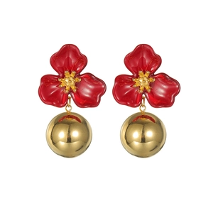 French vintage earrings with red floral resin design and gold metallic drop sphere
