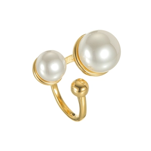 Bohemian 18k gold plated stainless steel open ring with pearls and gold beads