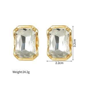 Macro shot of geometric gold earrings with large clear crystals and 3.2cm size specs