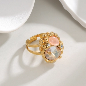 Vintage 18k gold irregular open ring with champagne crystal and pink cat eye stone