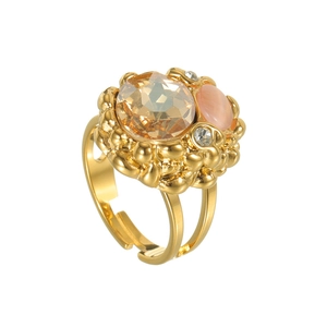 Adjustable golden convex oval ring with champagne gemstone and pink cat eye stone