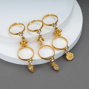 Stainless Steel 18K Gold Plated Open Adjustable Ring With Zircon Flower Fruit Dangle Charm Sweet Jewelry For Women
