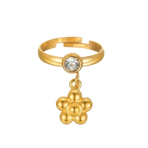 18k gold plated stainless steel open ring with flower pendant and white zircon crystal