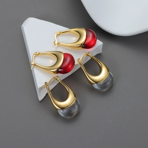 Boucles D'oreilles Créoles En U Acier Inoxydable Plaqué Or 18K Avec Perles En Résine Rouge Vintage Pour Femmes