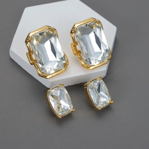 Geometric Rectangular Stud Earrings With Stainless Steel 18K Gold Plated Transparent Crystal Emerald Cut For Women