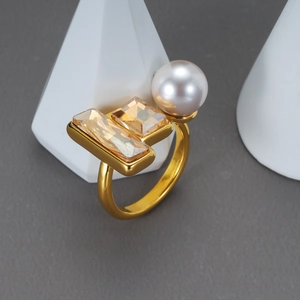 Anello Aperto Con Perla Artificial Quadrata Geometrica Acciaio Inossidabile Cristallo Champagne Regolabile Gioielli Di Moda Per Donna