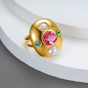 Bague En Acier Inoxydable Plaqué Or 18K Vintage Ovale Ouverte Ajustable Künstliche Perle D'Imitation Zircone Rose Bijoux Femme