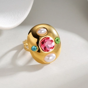 Bague ovale en acier inoxydable doré 18 carats avec pierre rose et perles