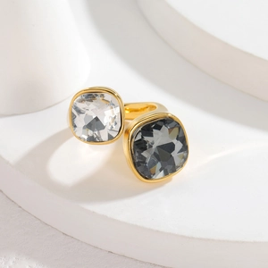 Minimalist 18k gold plated open ring featuring square white and grey zircon stones