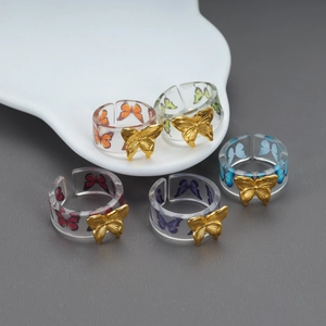 Butterfly Adjustable Open Ring Stainless Steel And Acrylic Resin Transparent Elegant Fashion Jewelry For Women