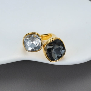 Stainless Steel Bypass Open Ring 18K Gold Plated Double Square Clear Black Zircon Fashion Jewelry For Women