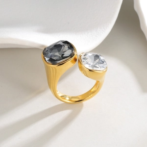 Dual-tone zircon open ring with large square grey and white crystals in gold finish