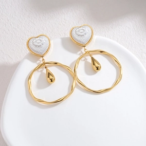 Elegant 18k gold stainless steel hoop earrings with white floral heart and water drop pendant