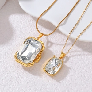 18k gold plated necklace featuring large emerald-cut zircon pendant on elegant chain